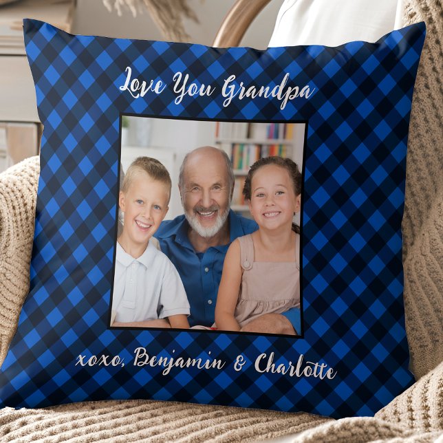 Granda Gift Personalized Photo Blue Plaid Holiday Throw Pillow (Creator Uploaded)
