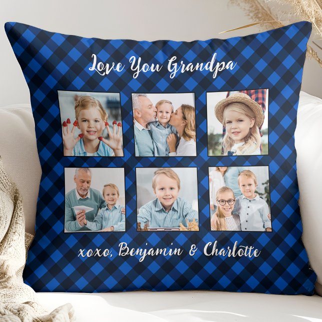 Granda Gift Personalized Photo Collage Blue Plaid  Throw Pillow (Creator Uploaded)