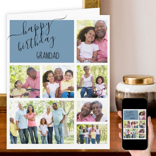 Grandad 7 Photo Collage Blue Personalized Birthday Card