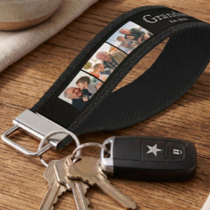 Grandad Est. Minimal White Bold Text 3 Photo Black Wrist Keychain