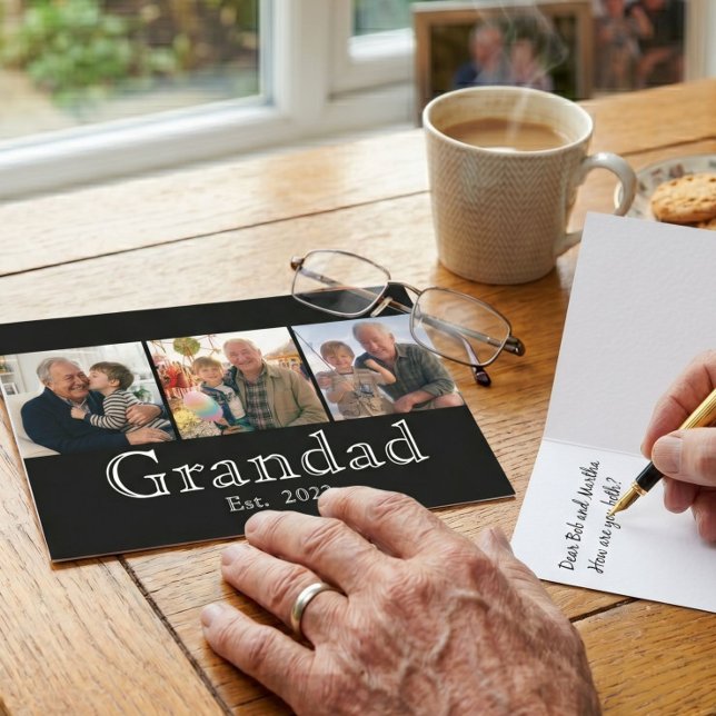 Grandad Est. Minimal White Bold Text 3 Photo Card (Creator Uploaded)