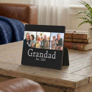 Grandad Est. Minimal White Bold Text 3 Photo Plaque