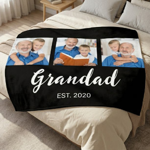 Grandad Established Elegant Script 3 Photo Black Fleece Blanket