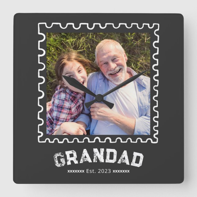 Grandad Established Moden White Typography Photo Square Wall Clock (Front)