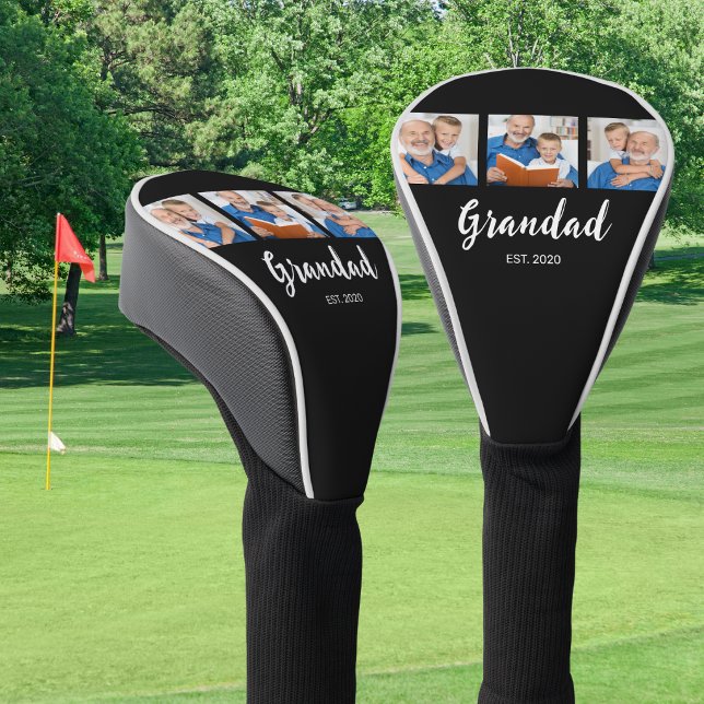 Grandad Established Modern Script 3 Photo Black Golf Head Cover (Creator Uploaded)