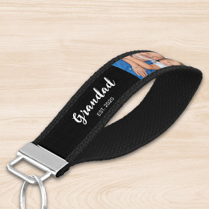 Grandad Established Modern Script 3 Photo Black Wrist Keychain