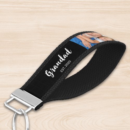 Grandad Established Modern Script 3 Photo Black Wrist Keychain