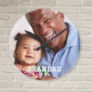 Grandad Established Modern White Bold Photo Round Clock