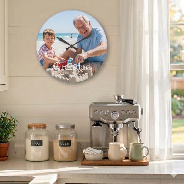 Grandad Established Photo White Bold Minimal Text Large Clock (Creator Uploaded)