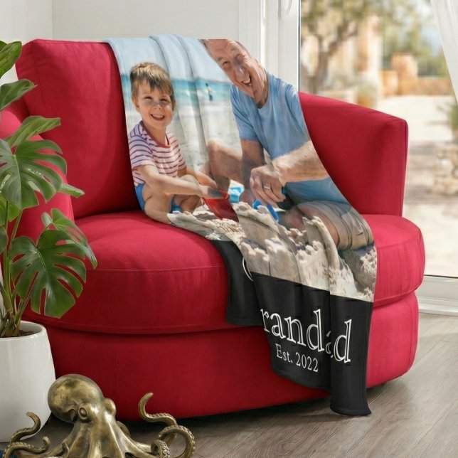 Grandad Established White Bold Minimal Text Photo Fleece Blanket (Creator Uploaded)