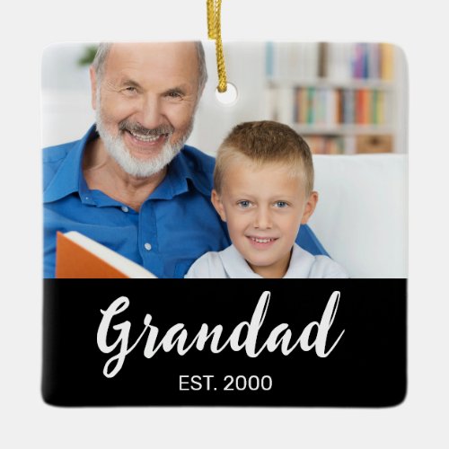 Grandad Established White Script Photo Black  Ceramic Ornament