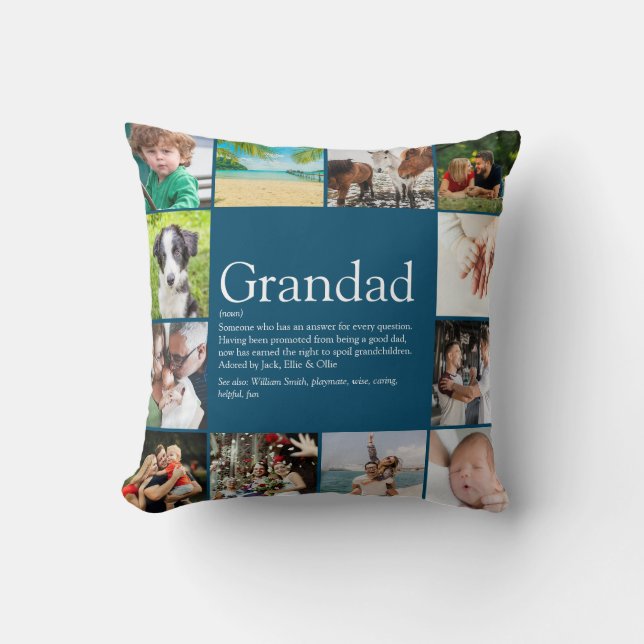 Grandad, Grandpa, Papa Definition 12 Photo Collage Throw Pillow (Front)