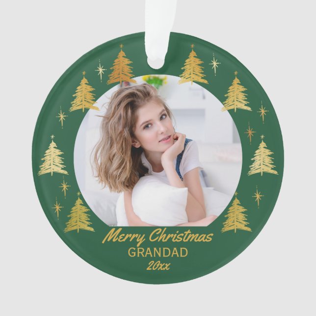 Grandad Green and Gold Christmas Trees Photo Ornament (Front)