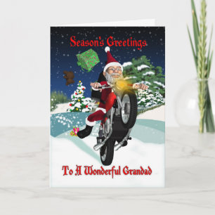 Grandad Motorcycle Santa With Flying Gifts Holiday Card