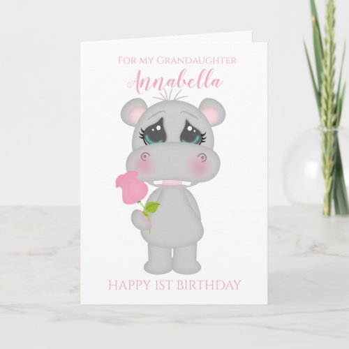 Grandaughter First Birthday Cute Pink Hippo Photo Card