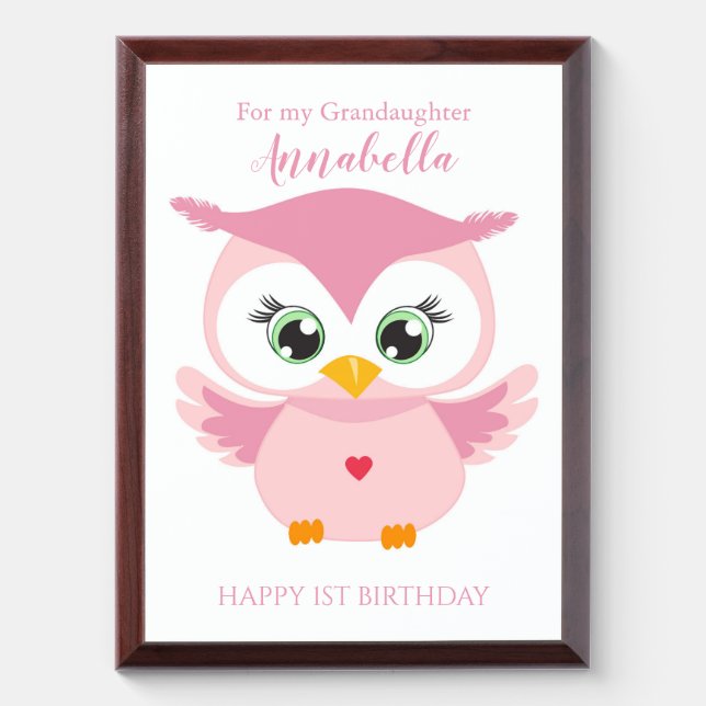 Grandaughter First Birthday Cute Pink Owl Baby  Award Plaque (Vertical)