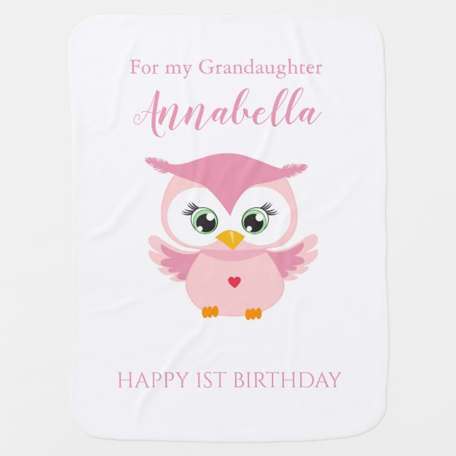Grandaughter First Birthday Cute Pink Owl  Baby Blanket (Front)