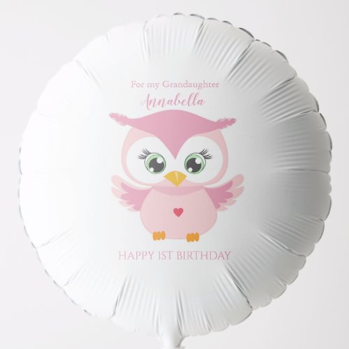 Grandaughter First Birthday Cute Pink Owl  Balloon