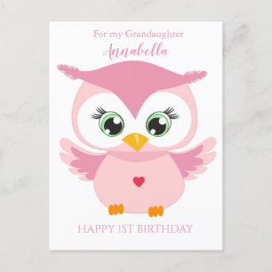 Grandaughter First Birthday Cute Pink Owl Photo Ca Postcard