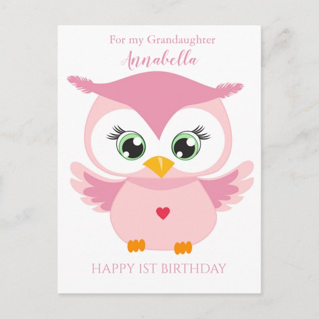 Grandaughter First Birthday Cute Pink Owl Photo Ca Postcard (Front)