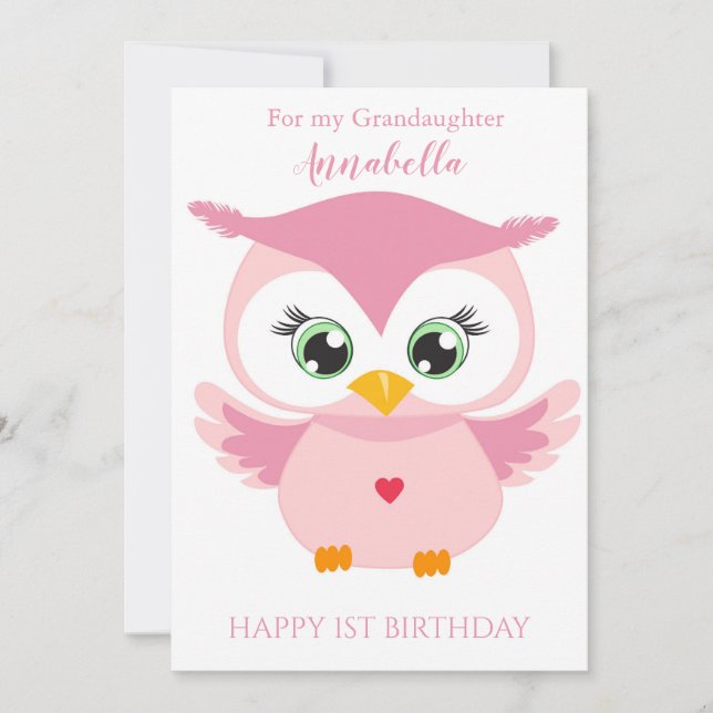 Grandaughter First Birthday Cute Pink Owl Photo Card (Front)