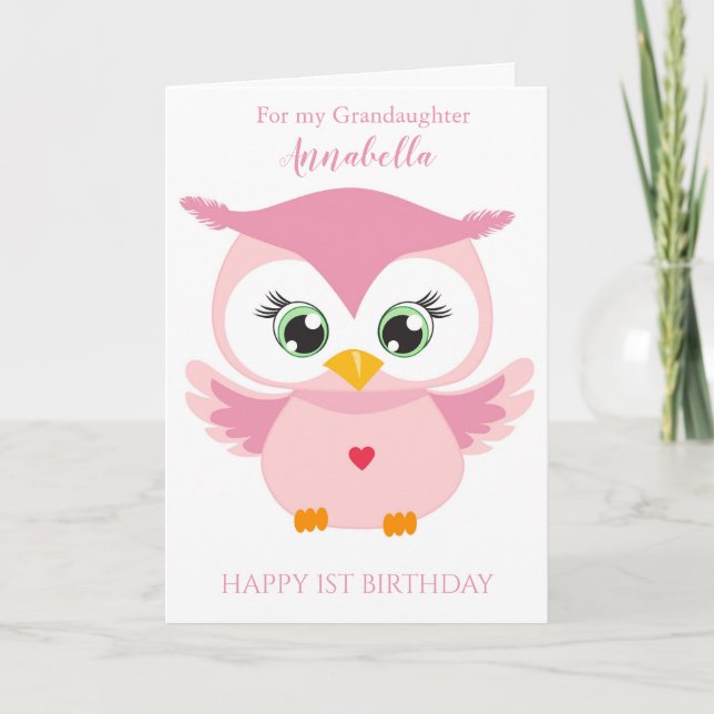Grandaughter First Birthday Cute Pink Owl Photo Card (Front)