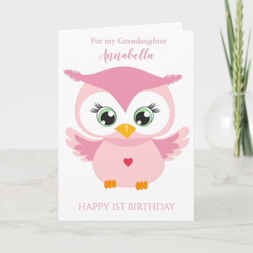 Grandaughter First Birthday Cute Pink Owl Photo Card