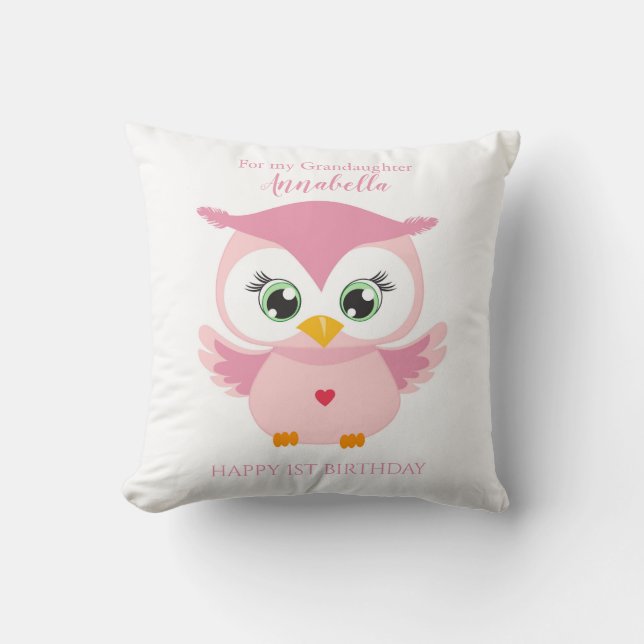 Grandaughter First Birthday Cute Pink Owl Throw Pillow (Front)