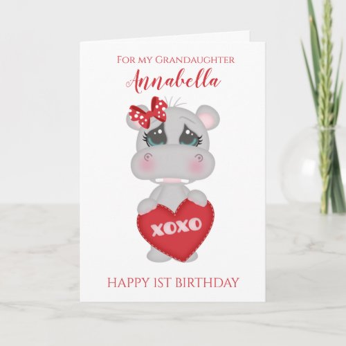 Grandaughter First Birthday Cute Red Hippo Photo Card