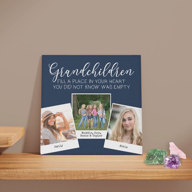 Grandchildren 3 Photo Collage and Caption Blue Faux Canvas Print (Creator Uploaded)