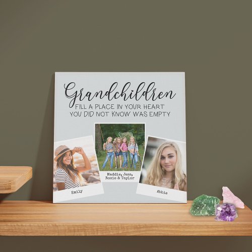 Grandchildren 3 Photo Collage and Caption Grey Faux Canvas Print