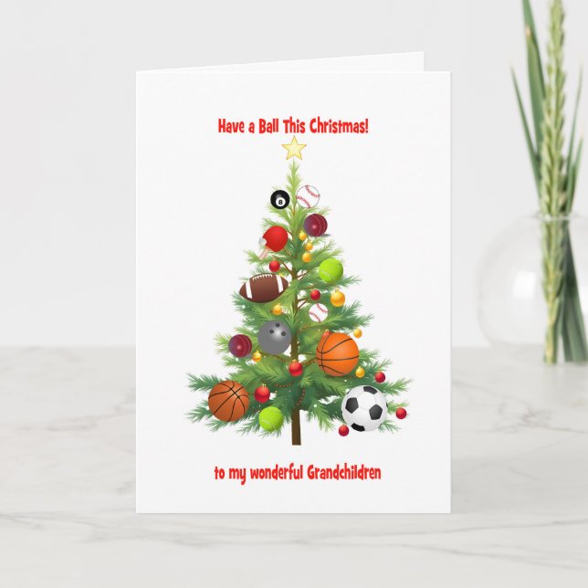 Grandchildren Christmas Tree Decorated With Balls Holiday Card (Front)