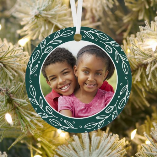 Grandchildren Festive Green Custom Holiday Photo Metal Ornament