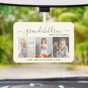 Grandchildren Make Life Grand 3 Photo Gray Script Air Freshener