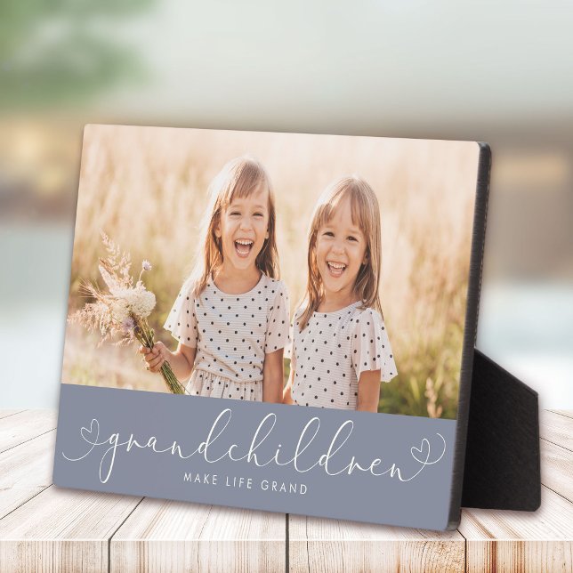 Grandchildren Modern Heart Script Photo Love Plaque (Celebrate the enduring bond between grandparent and grandchild with this exquisite photo plaque.)