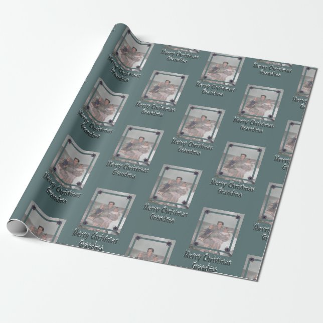 Grandchildren Photo Merry Christmas Grandma Green Wrapping Paper (Unrolled)