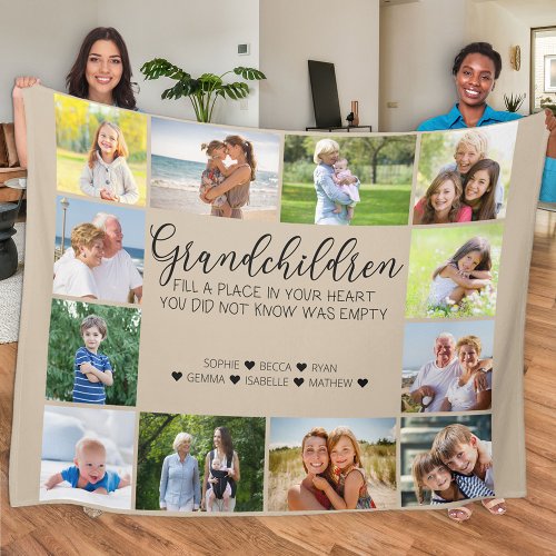 Grandchildren Poem 12 Photo Collage Beige Fleece Blanket