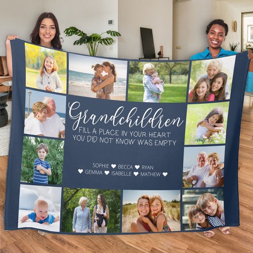 Grandchildren Poem 12 Photo Collage Navy Blue Fleece Blanket