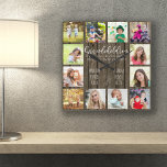 Grandchildren Quote 12 Photo Brown Wood Custom Square Wall Clock<br><div class="desc">Photo clock for grandparents with 12 of your favorite pictures. Create your own grid style photo collage and add the grandchildren's names (2 to 8 names looks best). The wording reads "Grandchildren fill a place in your heart you did not know was empty" in hand lettered quirky uppercase and elegant...</div>