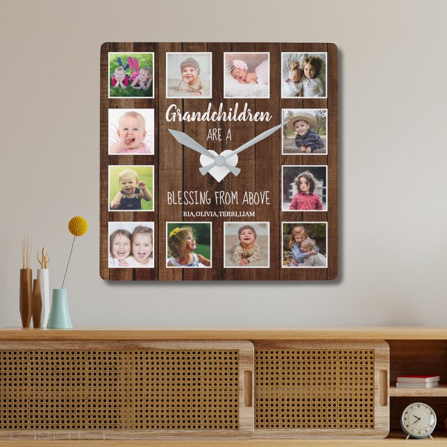  Grandchildren Quote 12 Photo Collage Pallet Wood Square Wall Clock (Creator Uploaded)