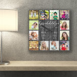 Grandchildren Quote 12 Photo Gray Wood Square Wall Clock<br><div class="desc">Photo clock for grandparents with 12 of your favorite pictures. Create your own grid style photo collage and add the grandchildren's names (2 to 8 names looks best). The wording reads "Grandchildren fill a place in your heart you did not know was empty" in hand lettered quirky uppercase and elegant...</div>
