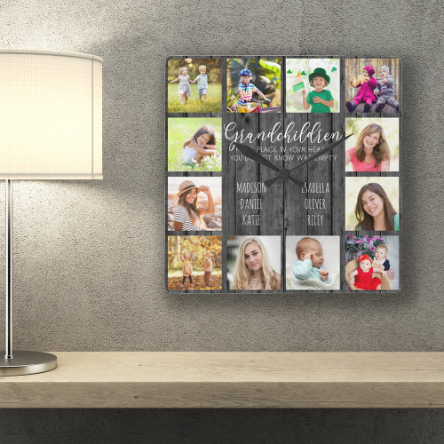 Grandchildren Quote 12 Photo Gray Wood Square Wall Clock