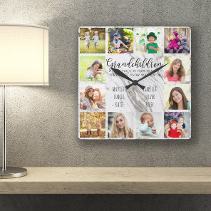 Grandchildren Quote 12 Photo Grey Marble Custom Square Wall Clock