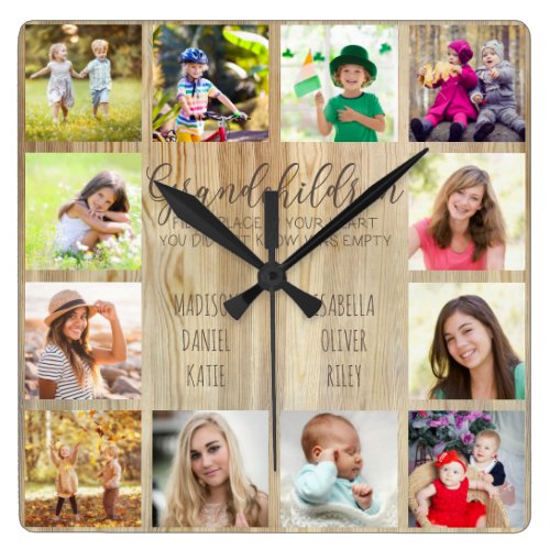 Grandchildren Quote 12 Photo Wood Custom Square Square Wall Clock
