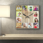 Grandchildren Quote 12 Photo Wood Custom Square Square Wall Clock<br><div class="desc">Photo clock for grandparents with 12 of your favorite pictures. Create your own grid style photo collage and add the grandchildren's names (2 to 8 names looks best). The wording reads "Grandchildren fill a place in your heart you did not know was empty" in hand lettered quirky uppercase and elegant...</div>
