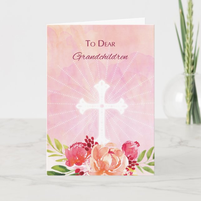 Grandchildren Religious Easter Blessing Watercolor Holiday Card (Front)