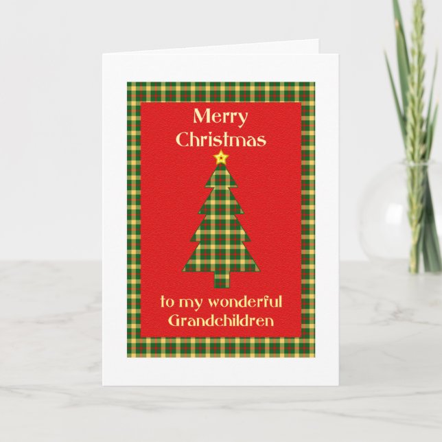 Grandchildren Tartan Christmas Tree Holiday Card (Front)