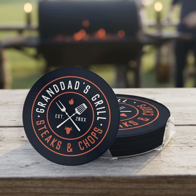 Granddad's Grill Personalized Year Established Coaster Set (Creator Uploaded)