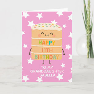 Granddaughter 11th Birthday Pink Cute Cake Custom Card