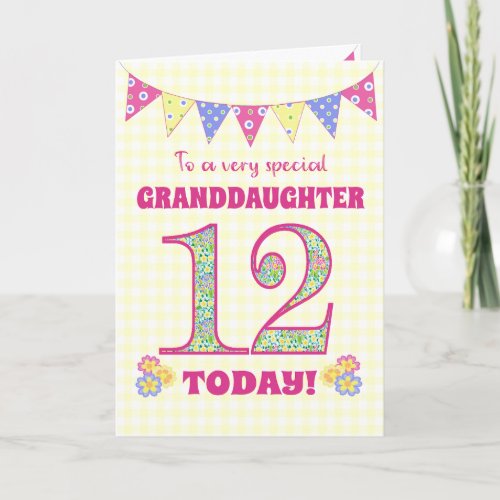 Granddaughter 12th Birthday Primroses Bunting Card